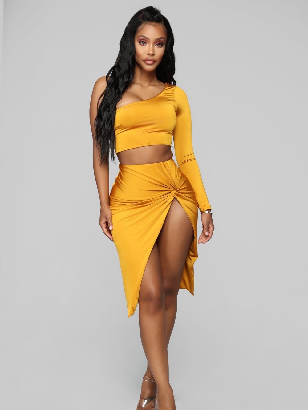 Fashion Nova Golden Mustard Asymmetrical Twist Midi Skirt